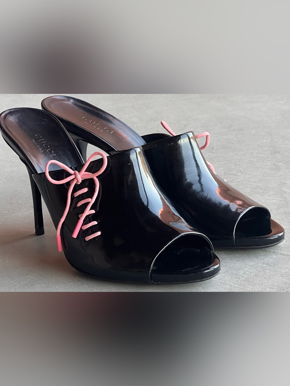 Gucci Tom Ford Rare Patent Leather Corset Lace Up Peep Toe Mules Heels 38.5 SS03